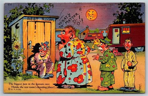 Vintage Saucy Cartoon Humor Postcard Waiting For The Outhouse Other