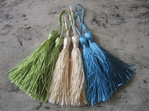 6 Silky Tassels In Blue Green And Ivory Silky Tassels For Etsy