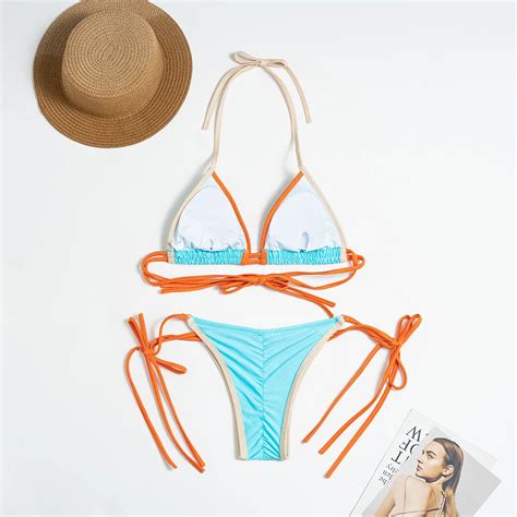 Sexy Two Piece Bikini Set For Women Halter Tie Up Multicolor Thong