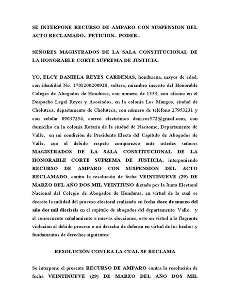 Recurso De Amparo Daniela Pdf Debido Al Proceso Honduras