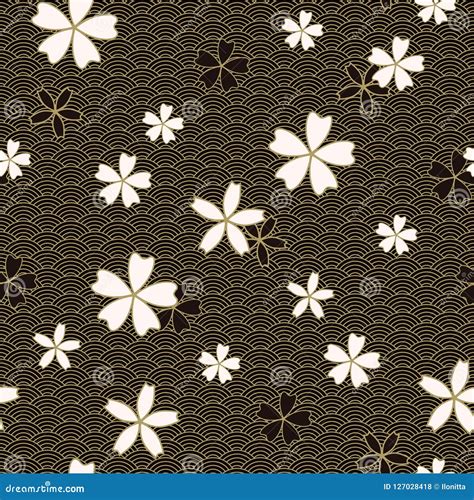 Japanese Classic Sakura Floral With Golden Stroke And Black Waves Stock