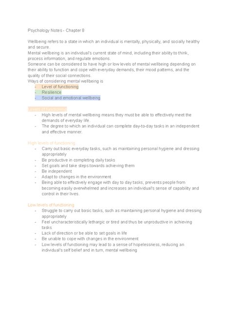 Chapter 8 psychology notes - Psychology Notes - Chapter 8 Wellbeing