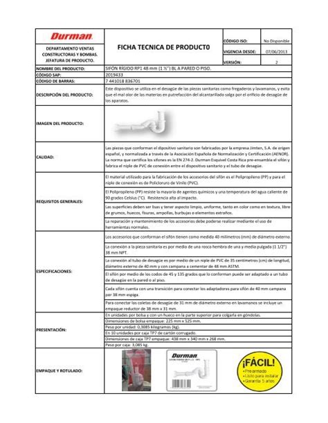 Ficha Tecnica De Product0 Durman Esquivel