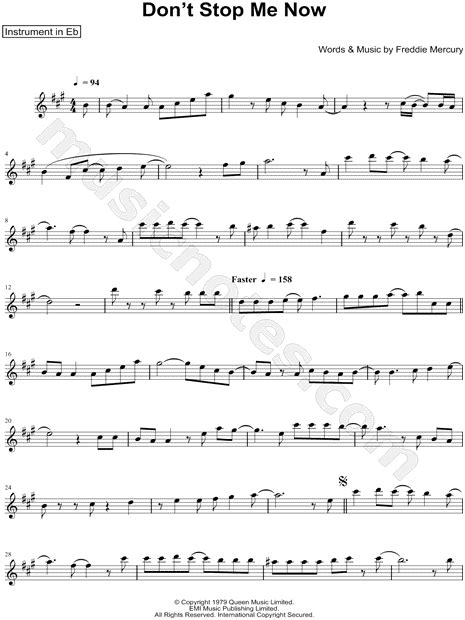 Queen Dont Stop Me Now Eb Instrument Sheet Music Alto Or Baritone Saxophone In A Major