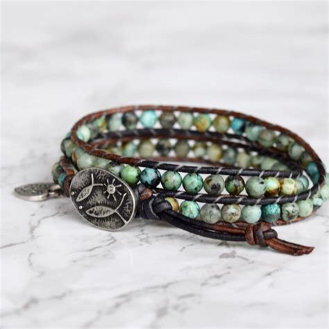 Double Wrap African Bracelet And Fish Button Bluefish Bohemian