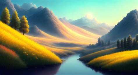 Premium AI Image | A painting of a river in a mountain landscape