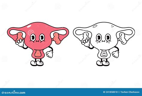 Cute Funny Uterus Character Vector Hand Drawn Traditional Cartoon Vintage Retro Kawaii