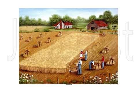 Folk Art Print Primitive Wheat Field Landscape S Etsy