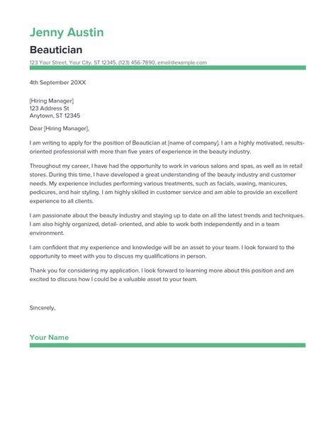 Best Beautician Cover Letter Example for 2023