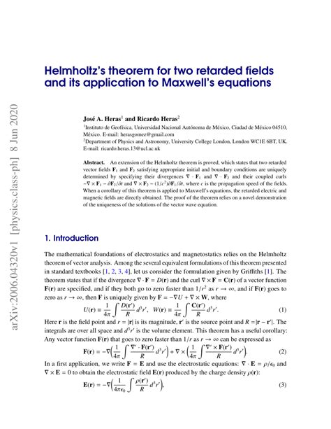 (PDF) Helmholtz's theorem for two retarded fields and its application ...