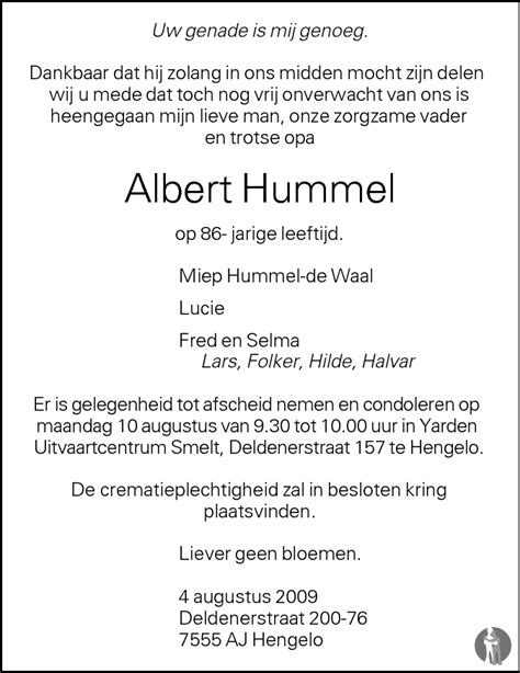 Albert Hummel 06 08 2009 Overlijdensbericht En Condoleances Mensenlinq Nl