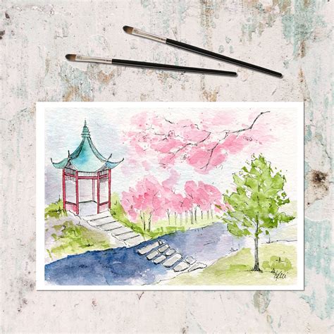 Japanese Garden Original Watercolor and Ink Landscape Painting Urban ...