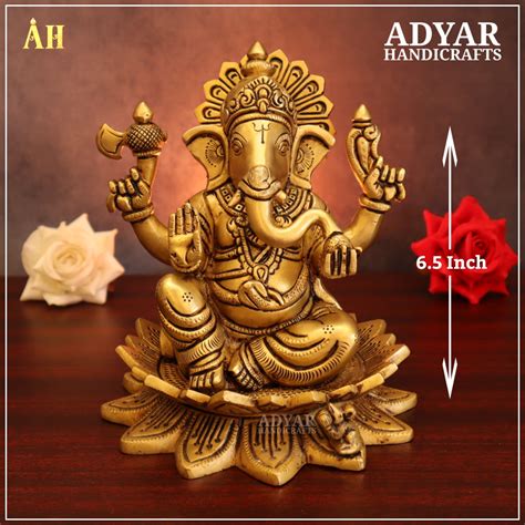 AdyarHandiCrafts 6 5 Inch Brass Ganesha Sitting On Lotus Statue