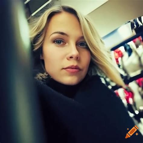 Close Up Of A Beautiful Blonde Woman Taking A Selfie In A Shop Mirror