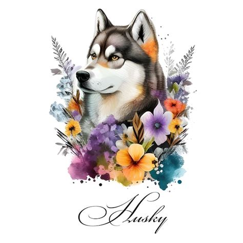 Ilustraci N Acuarela De Una Sola Raza De Perro Husky Con Flores Foto