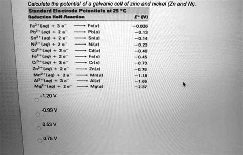 Solved Calculate The Potential Of A Galvanic Cell Of Zinc And Nickel