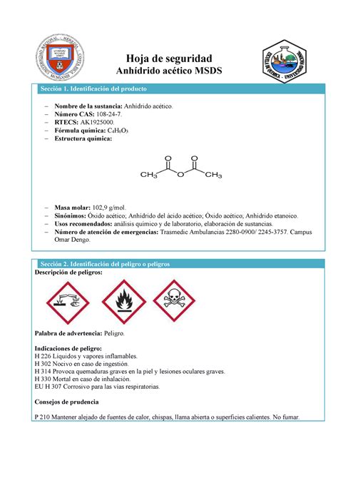 MSDS Anhídrido Acético Hoja de seguridad Anhídrido acético MSDS