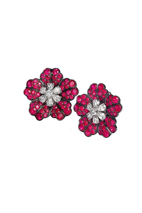 Nam Cho K White Gold Ruby Diamond Flower Earrings