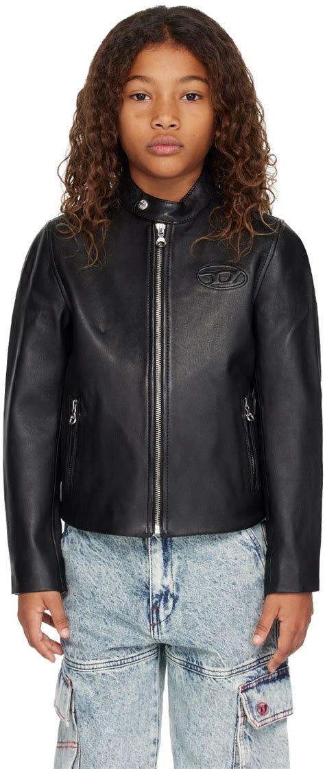 Kids Black Embossed Leather Jacket by Diesel on Sale