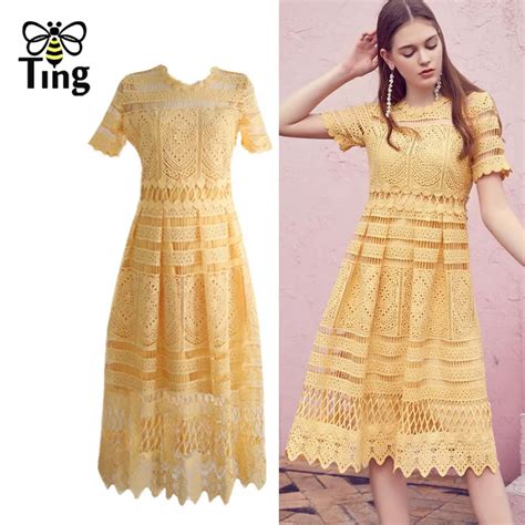 Tingfly Summer Fashion Lace Party Dresses Hollow Out A Line Midi Long