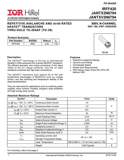 Infineon Jantx N Data Sheet V En Features Repetitive