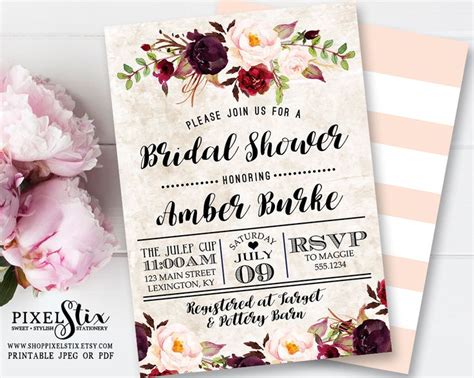 Tea Stained Floral Bridal Shower Invitation Brunch And Bubbly Invite Boho Chic Marsala