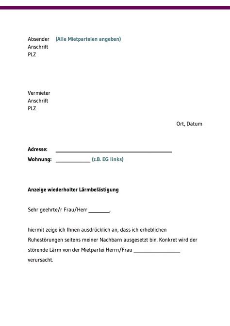 Musterbrief Mietminderung Lärmbelästigung