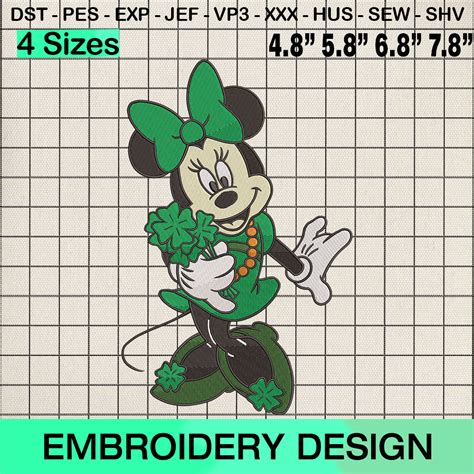 St Patrick Minnie Mouse Hat Embroidery Design Disney Minnie Green Irish Clover Machine