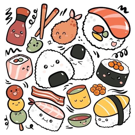 Premium Vector | Hand drawn kawaii Japanese food doodle