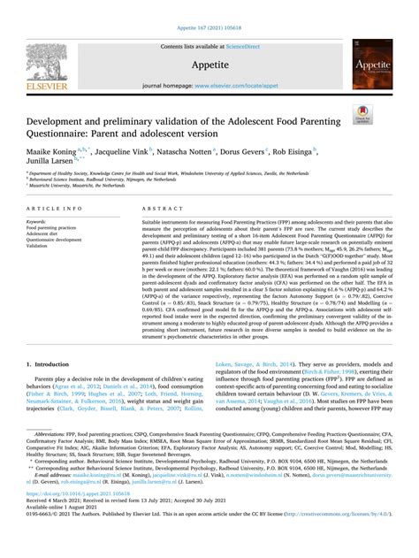 Pdf Development And Preliminary Validation Of The Adolescent Food