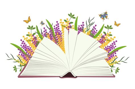 Un libro abierto con páginas en blanco sobre un fondo blanco con flores