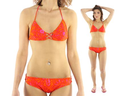 Vintage 60s Bikini Hip Hugger Bottoms Halter String Top Orange