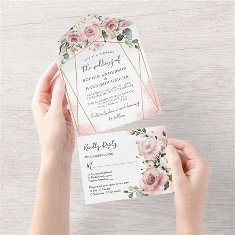 Gold Geometric Dusty Rose Pink Floral Wedding All In One Invitation