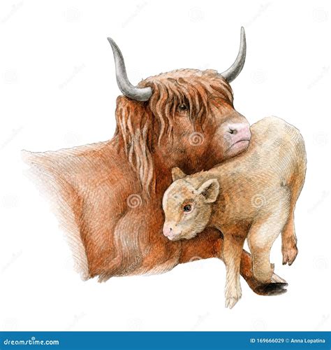 Highland Cattle Cow With A Baby Calf Watercolor Image Hand Drawn