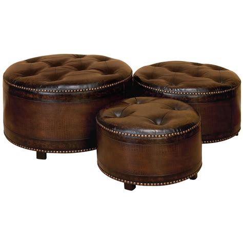 Litton Lane Dark Brown Wood And Tufted Faux Leather Ottomans With Brass