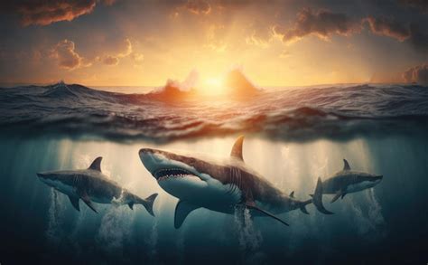 Premium Ai Image Ferocious Group Of Great White Sharks In Underwater