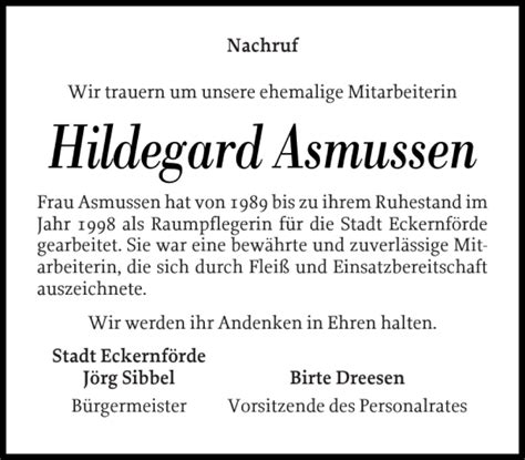 Traueranzeigen Von Hildegard Asmussen Sh Z Trauer