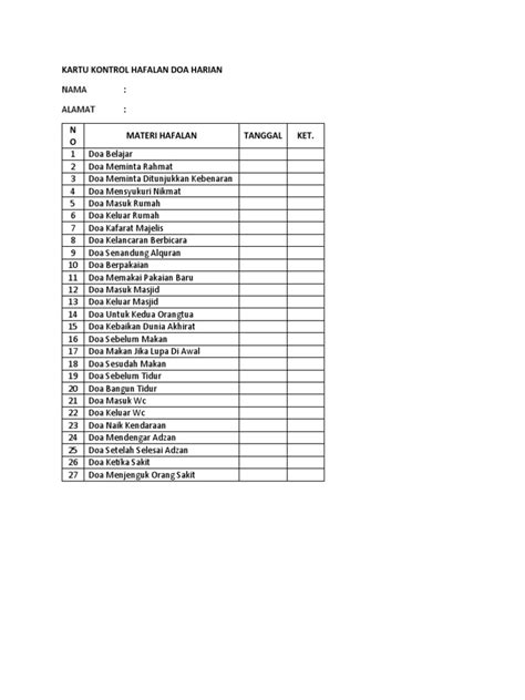 Kartu Kontrol Hafalan Doa Harian Pdf