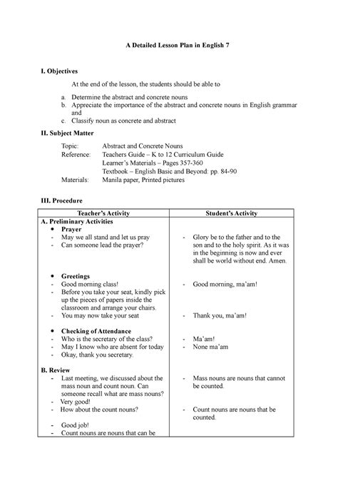 Lesson Plan The Kinds Of Noun A Detailed Lesson Plan In English 7 I