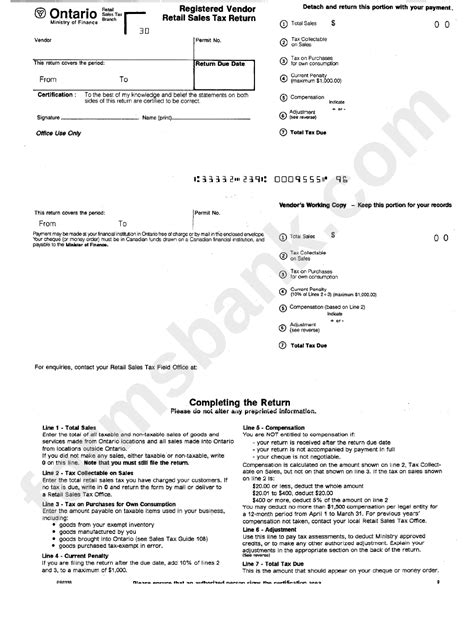 Registered Vendor Retail Sales Tax Return Ontario Ministry Of Finance Printable Pdf Download