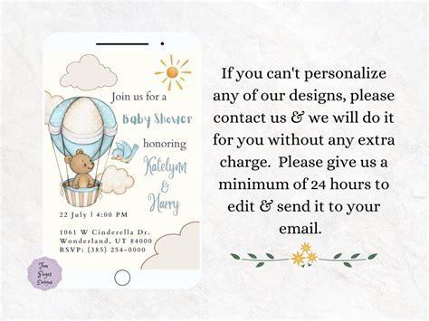 Teddy Bear On Hot Air Balloon Baby Shower Invitation Template Etsy
