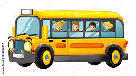 funny looking cartoon yellow school bus with kids - illustration for ...