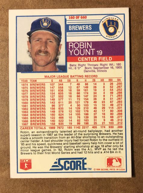 Robin Yount Score Card Mint Bigjs Milwaukie Brewers Hof