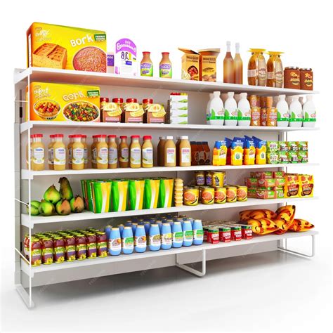 A Shelf With A Variety Of Products Including Orange Juice And Lemonade