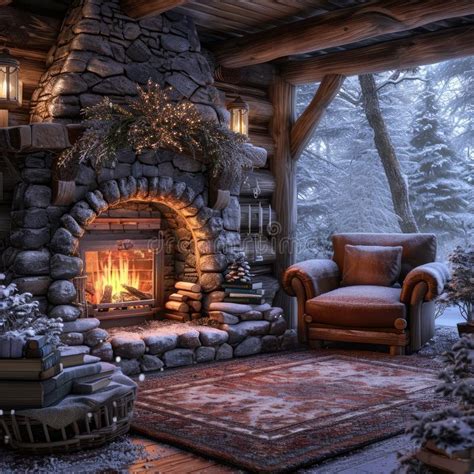 Warm and Comfort: a Cozy Winter Cabin with a Roaring Fireplace Stock ...