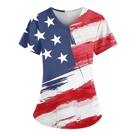 Uocefik Th Of July Scrubs For Women Short Sleeve Independence Day