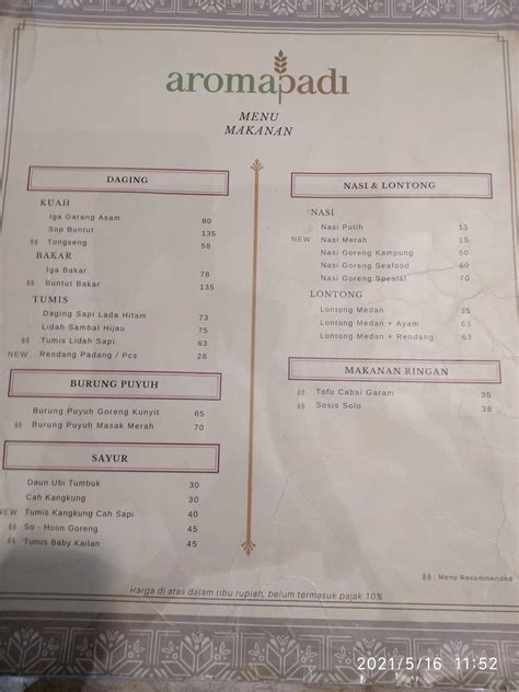 Menu At Ladang Padi Restaurant South Jakarta