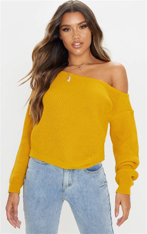 Mustard Off Shoulder Knitted Crop Jumper Prettylittlething Aus