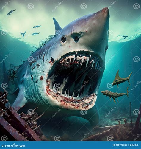 Ghost Shark with Big Mouth and Bloody Sharp Teeth Stock Illustration ...