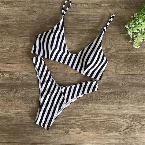 New Thong Bikini Swimwear Sexy Zebra Black And White Stripes Print